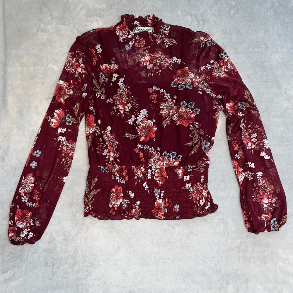 Crave Fame Burgundy Sheer Floral Top with attached camisole